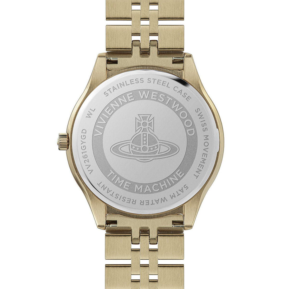 Gold stainless steel wristwatch with gray engraved caseback and link bracelet.