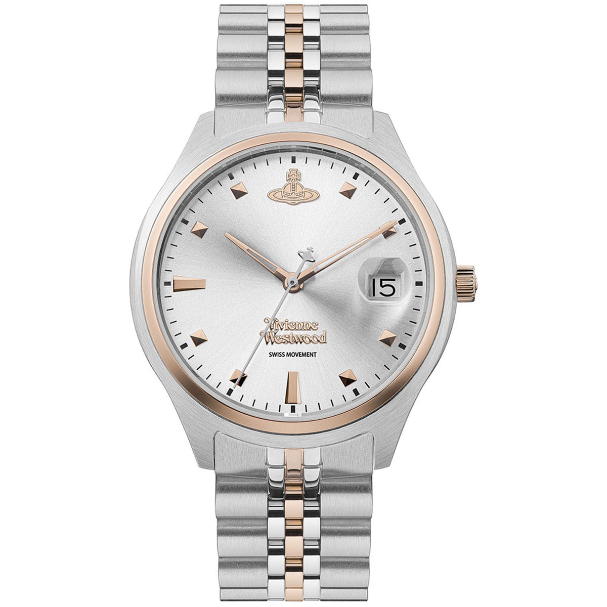 Ladies stainless steel quartz watch face, silver dial with rose-gold hands and date window