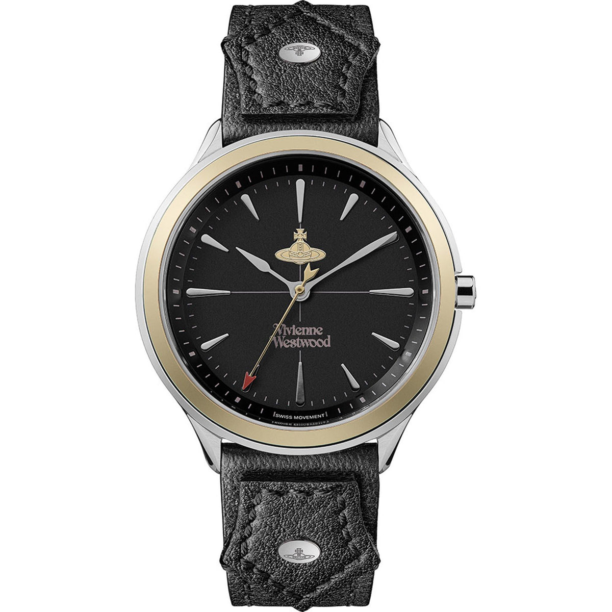 Round black dial quartz watch with gold-tone accents and textured black leather strap