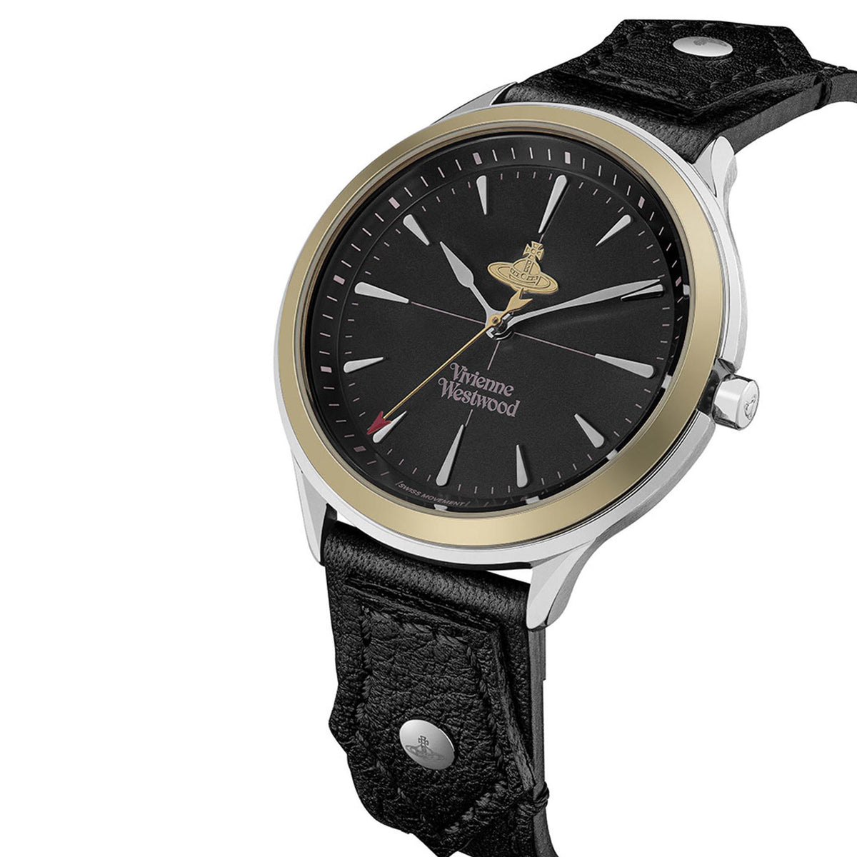 Ladies quartz watch with black dial and black leather strap, gold-tone bezel