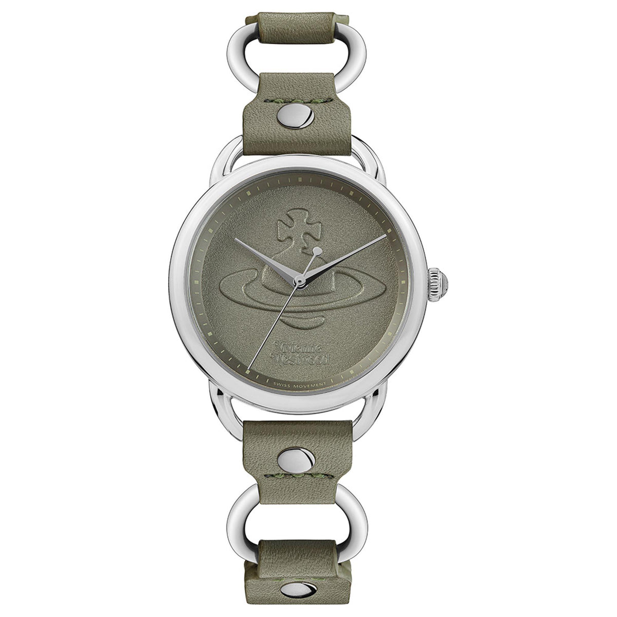 Front view quartz wristwatch with olive dial, silver case, and olive leather strap