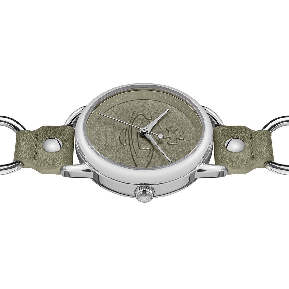 Angled quartz wristwatch with olive dial, silver case, and olive leather strap loops