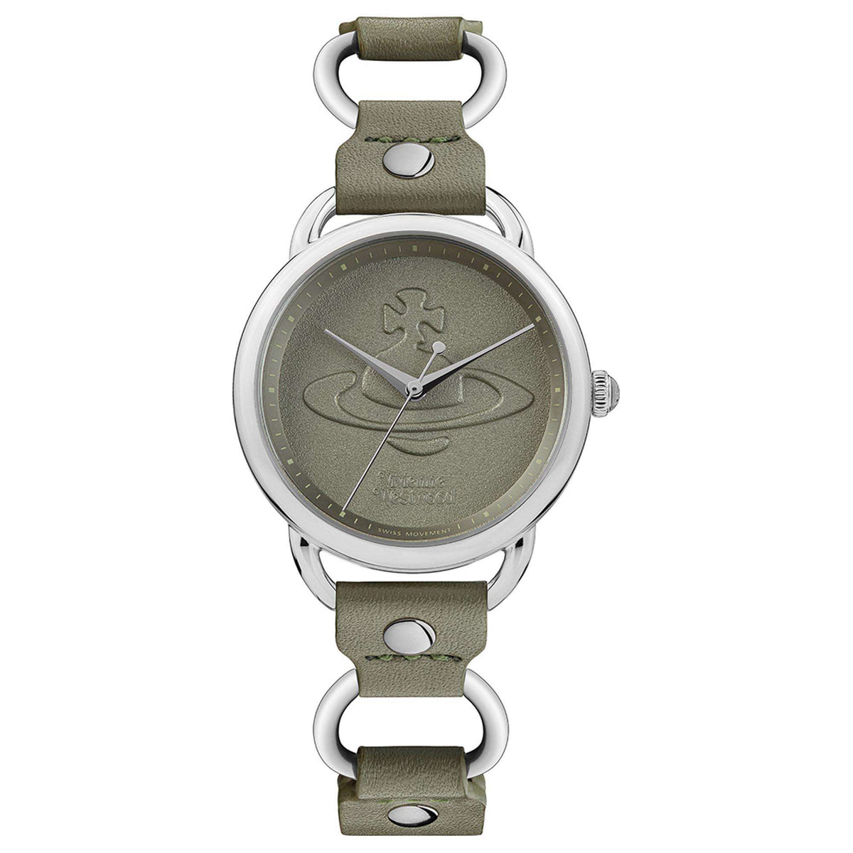 Front view quartz wristwatch with olive dial and olive leather strap, round silver case