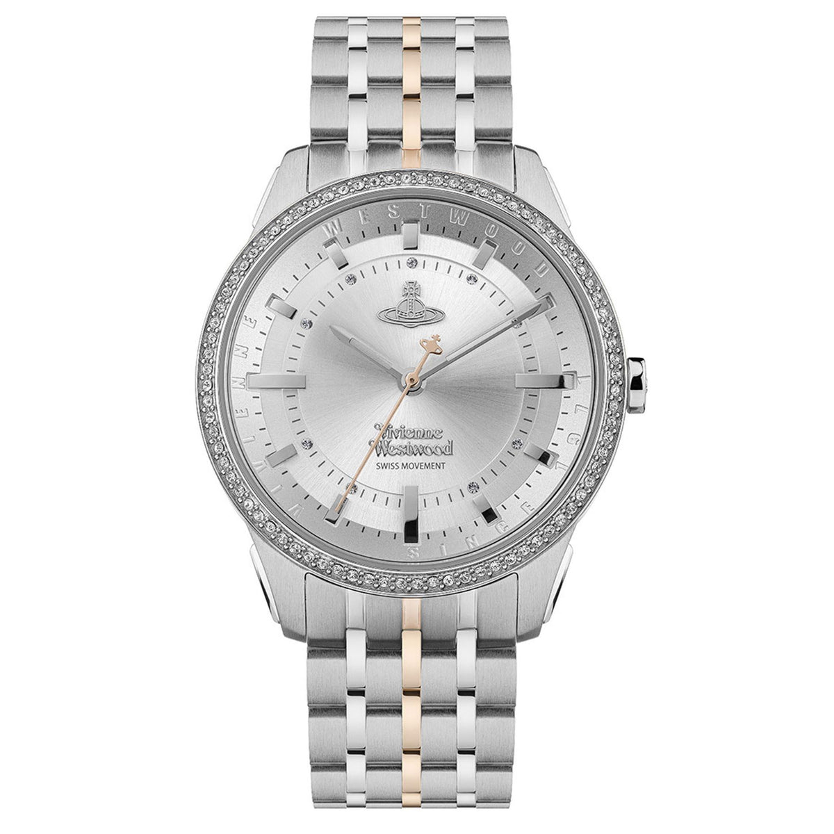 Ladies stainless steel bracelet watch, front view with white dial and crystal-studded bezel