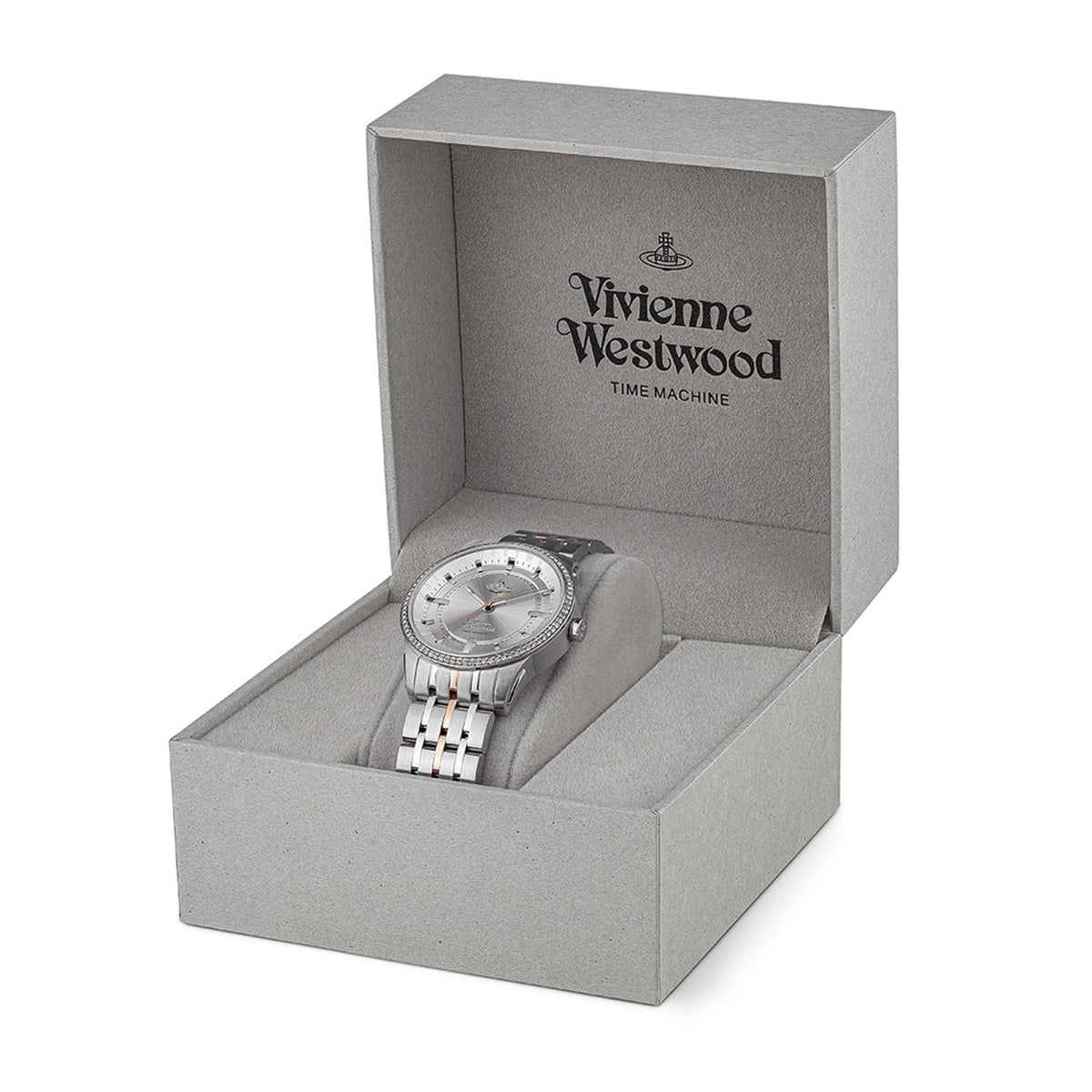 Ladies stainless steel bracelet watch presented in open gray gift box