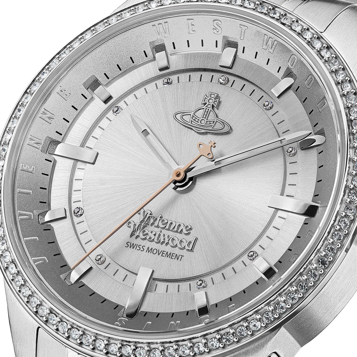 Vivienne Westwood watch with silver dial, crystal bezel, stainless steel strap