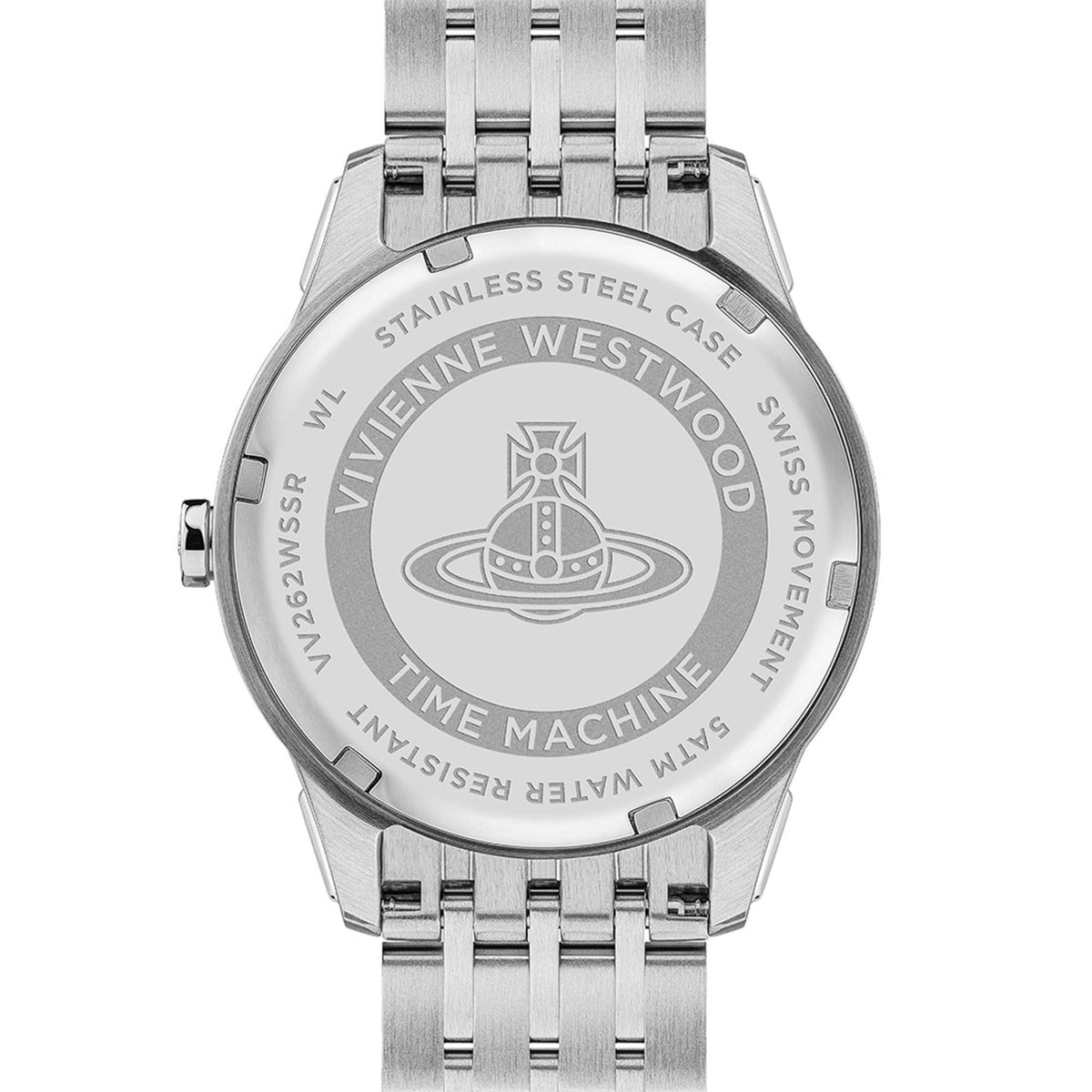 Vivienne Westwood watch case back, stainless steel bracelet with TIME MACHINE engraving