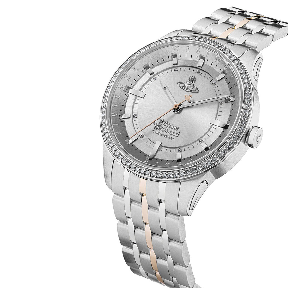 Vivienne Westwood watch with crystal bezel, silver dial, two-tone stainless bracelet