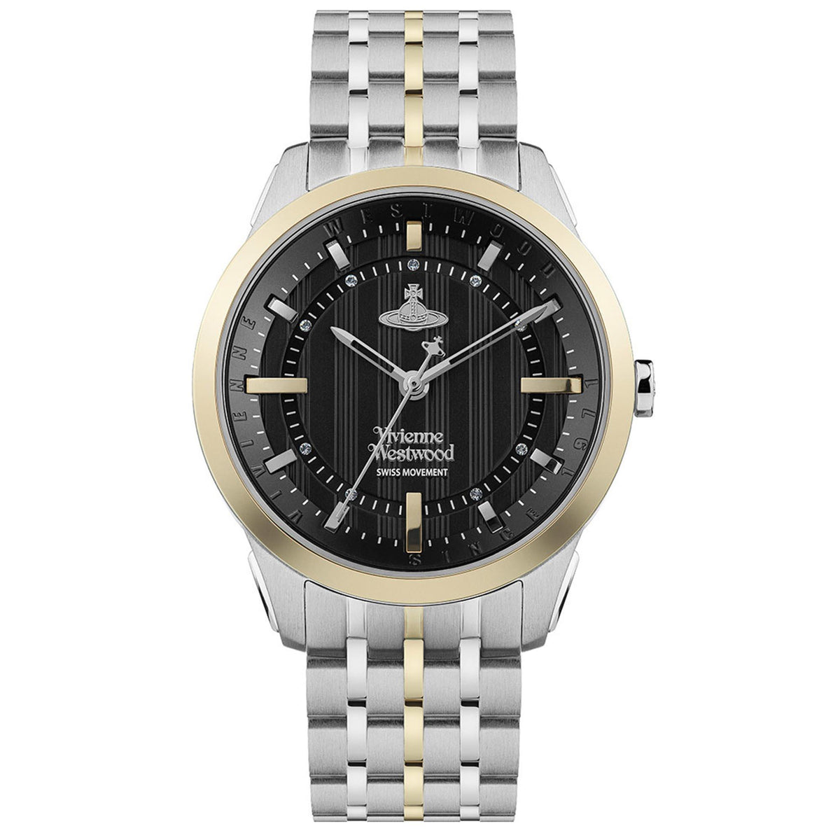 Stainless steel bracelet watch with black dial and gold-tone bezel accents