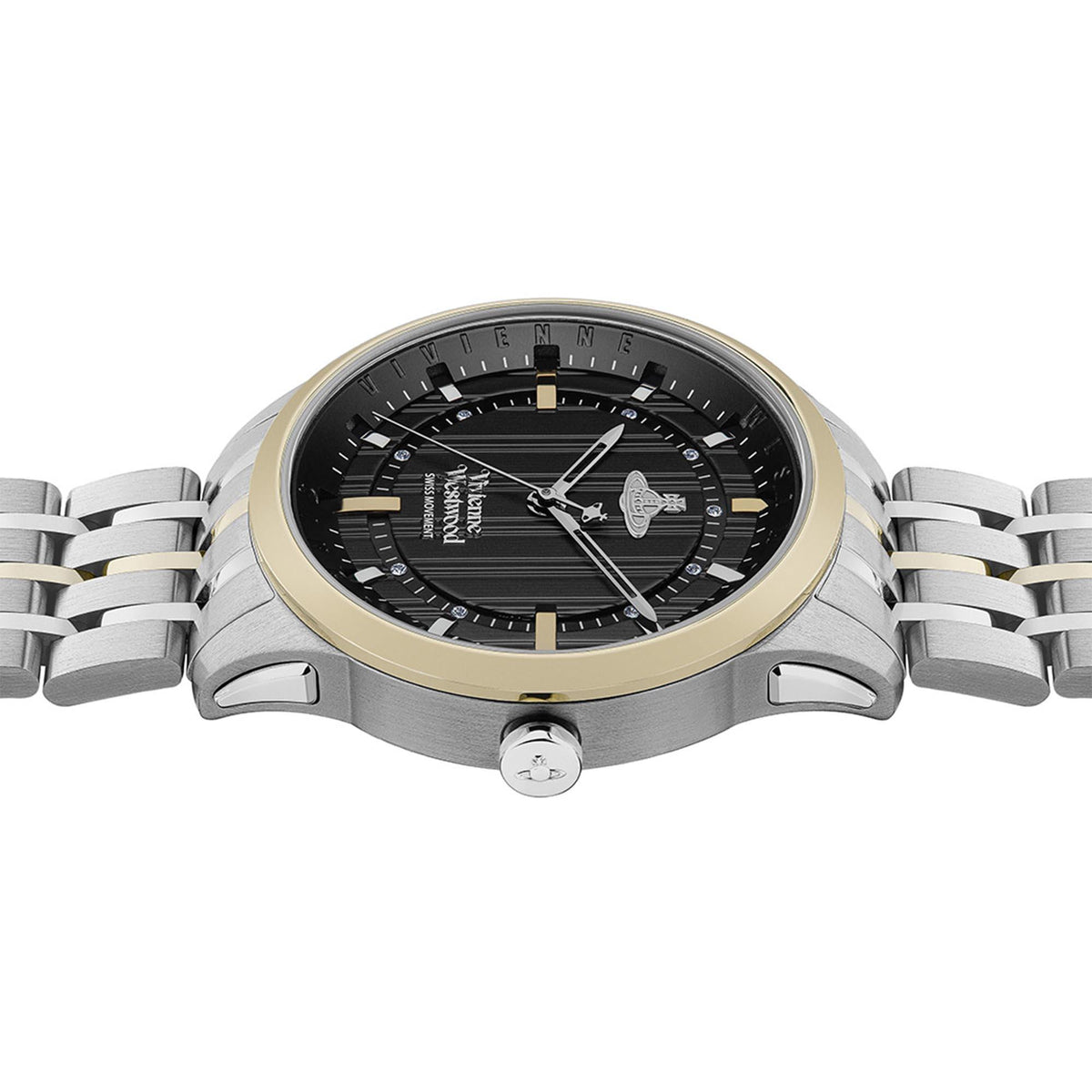 Quartz wristwatch close-up: black dial with gold accents and silver metal bracelet
