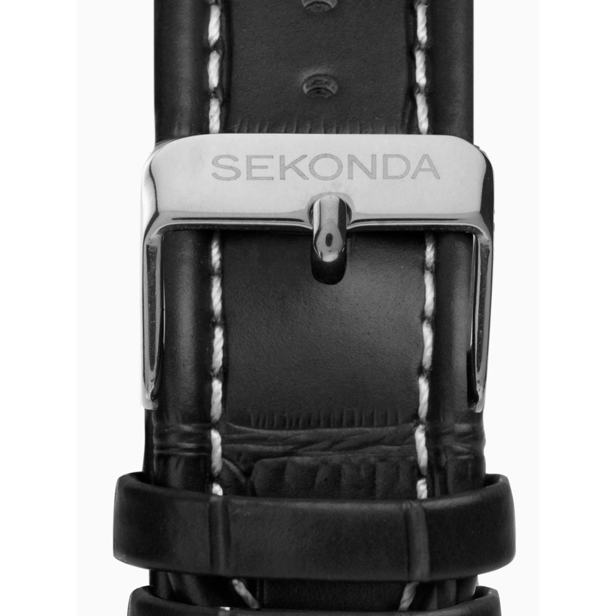 Black leather Sekonda watch strap with metal buckle clasp on the watch case