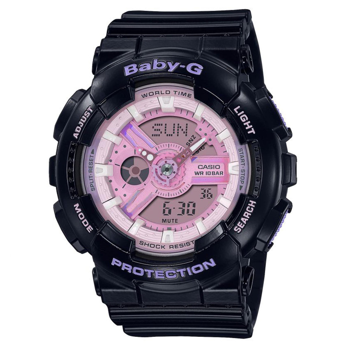 Casio Baby-G ladies quartz watch with black resin strap and pink world time dial