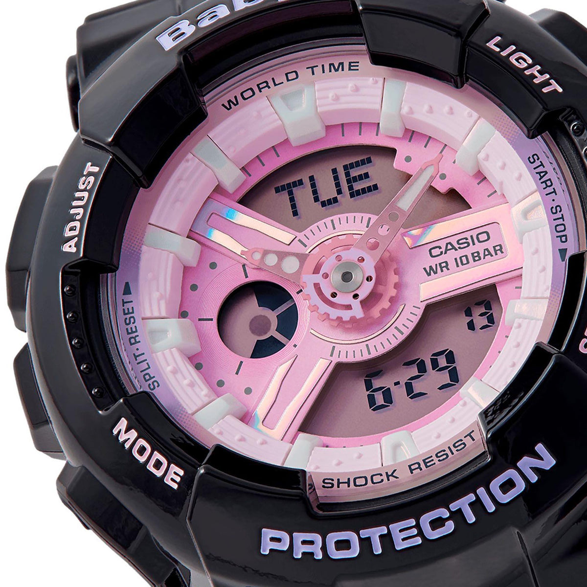 Front close-up of Casio Baby-G pink dial watch, black bezel, resin case and strap