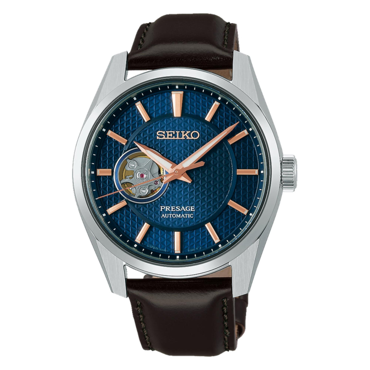 Seiko Presage automatic watch with blue dial and rose-gold markers, brown leather strap