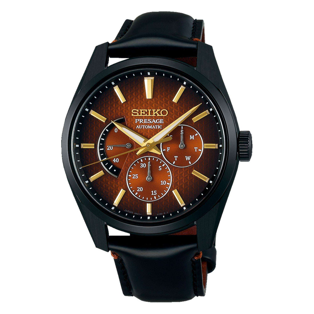 Men's watch front view with black bezel, red-brown dial, gold hands, three subdials