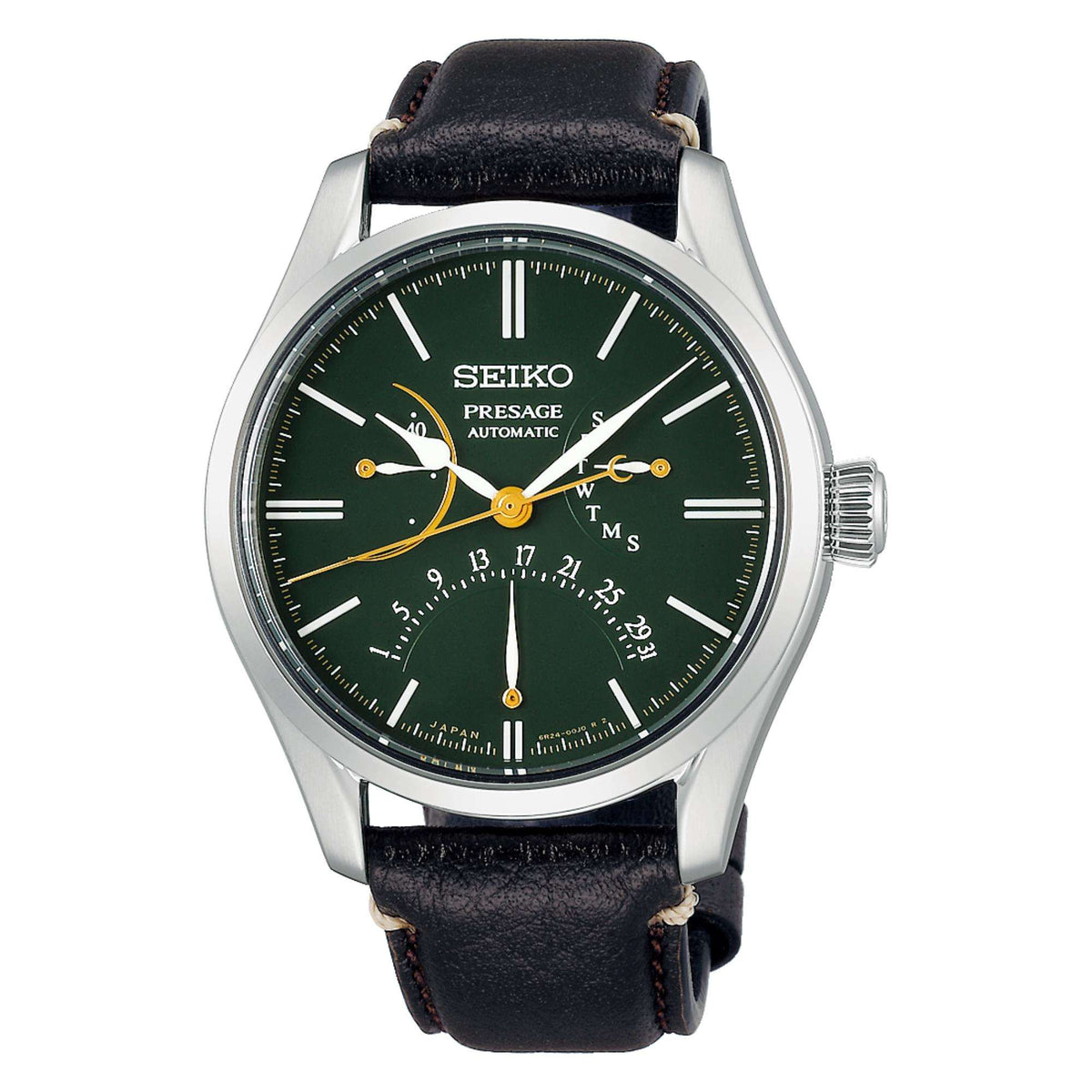 Men's automatic watch front view with green dial, gold accents, and black leather strap