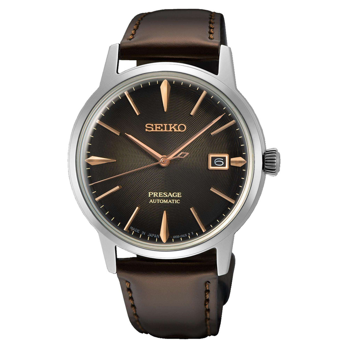 Men's automatic wristwatch with brown dial and leather strap, silver case, crown at right