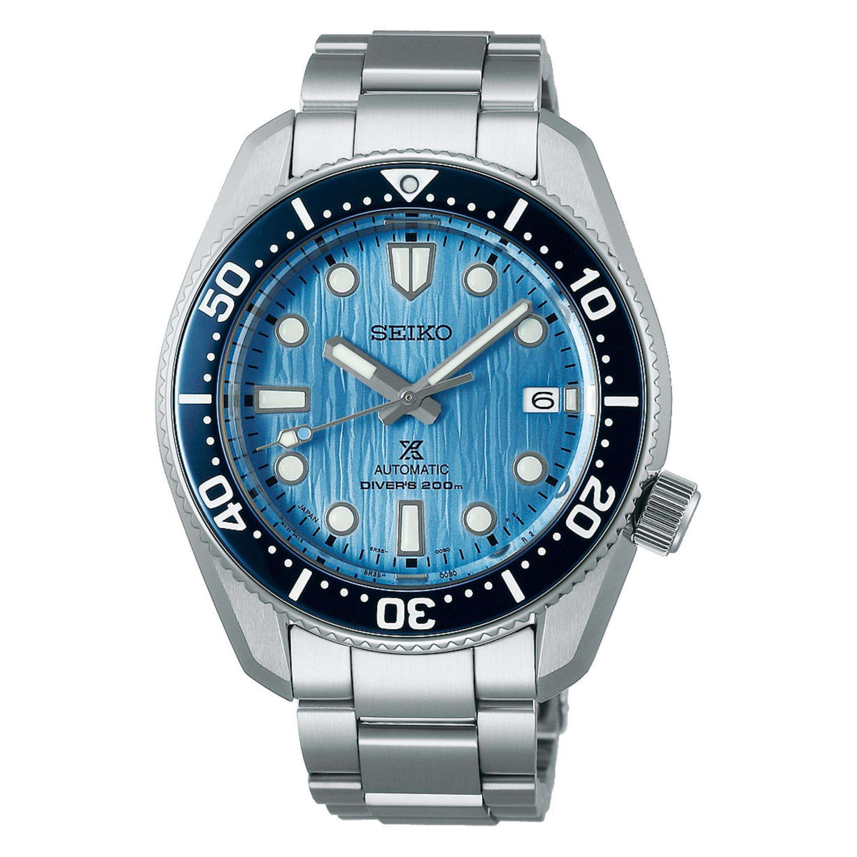 Men's stainless steel diver watch with blue dial and unidirectional bezel