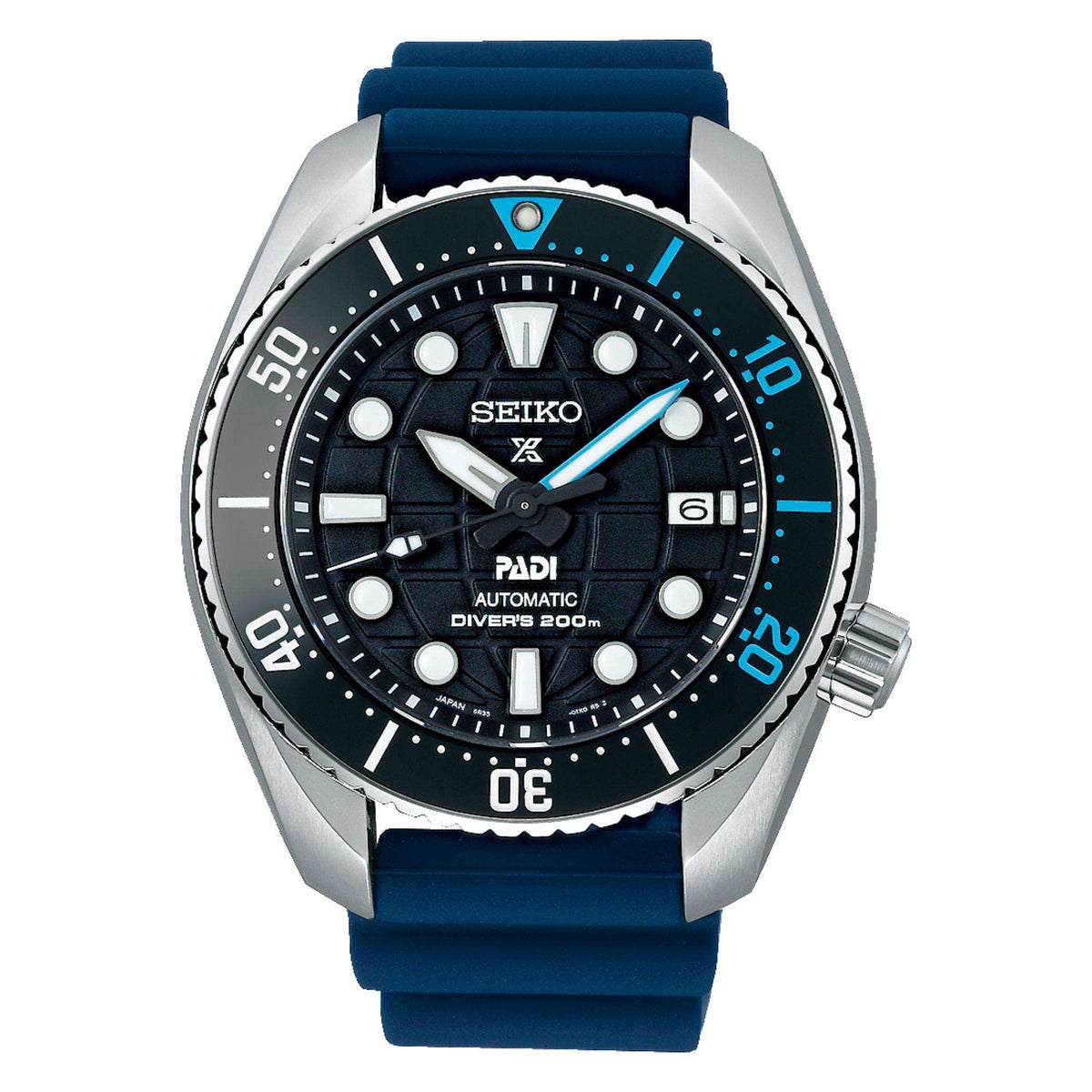 Seiko Prospex dive watch with black dial, blue silicone strap, steel case and bezel