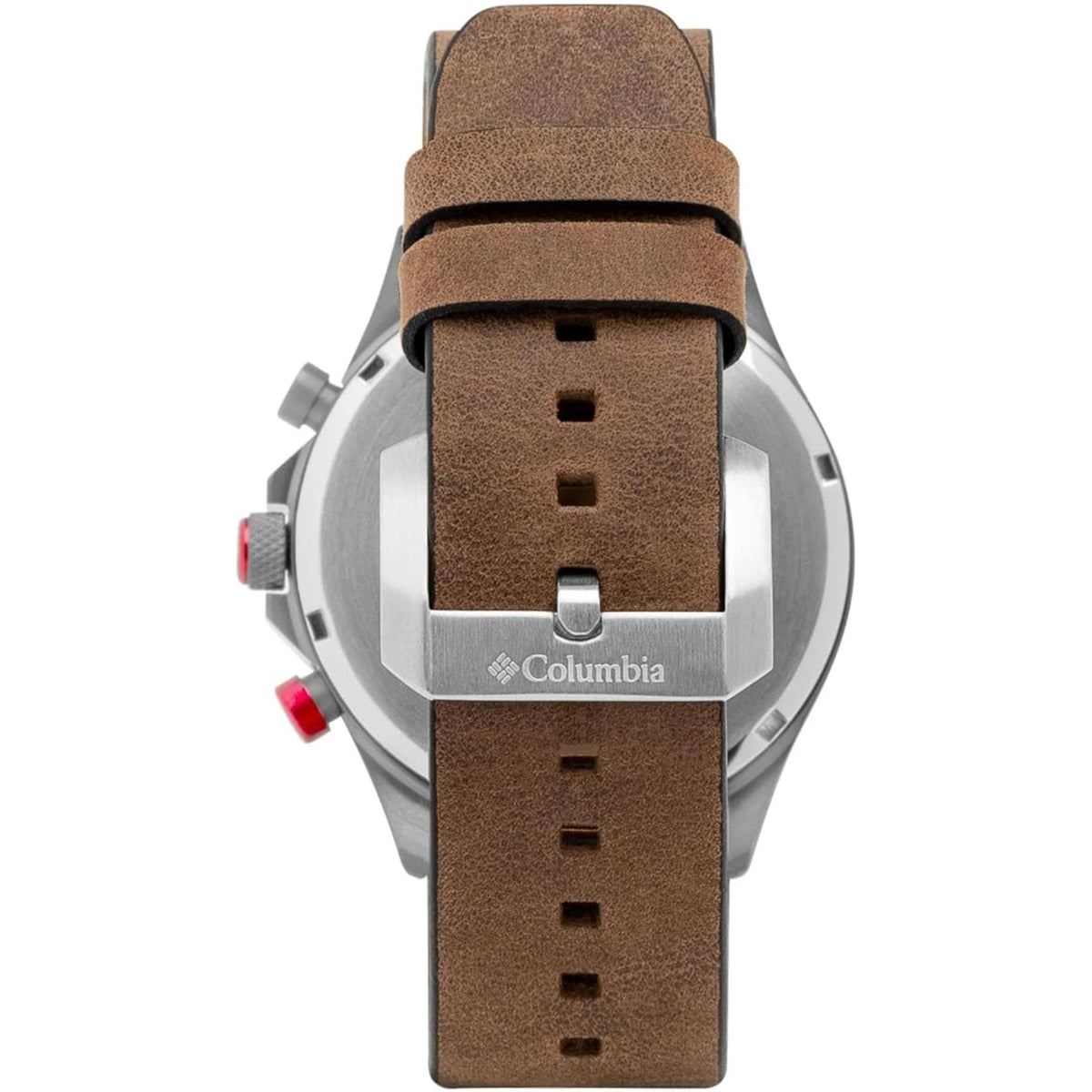 Watch case back showing Columbia logo, brown leather strap, silver metal with red details