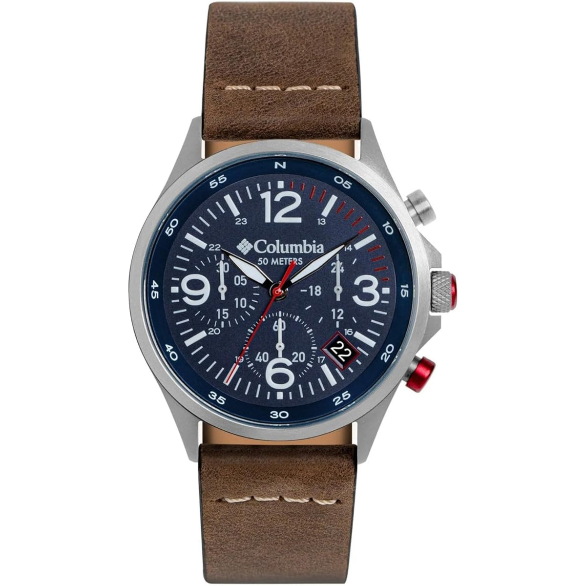 Men's wristwatch with blue dial and brown leather strap, silver case with red side accents