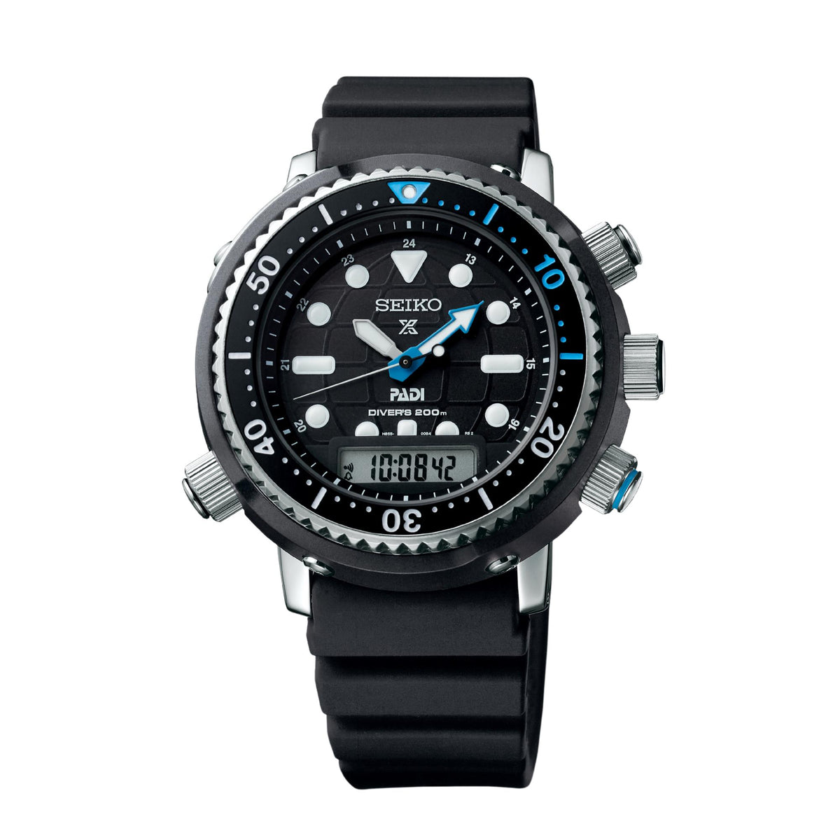 Seiko Prospex SNJ035P1F watch with digital display on a white background