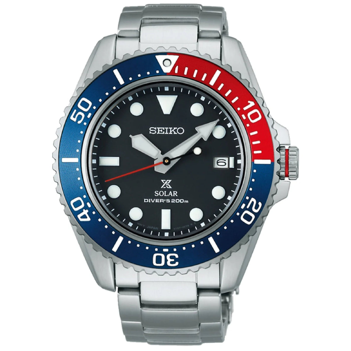 Men's stainless steel diver watch front view with black dial and blue-red bezel insert