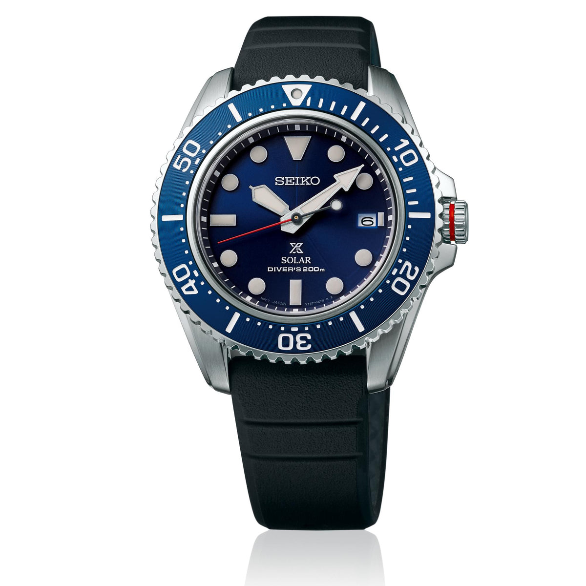 Men's solar diver watch with blue bezel, dark blue dial, black rubber strap, steel case
