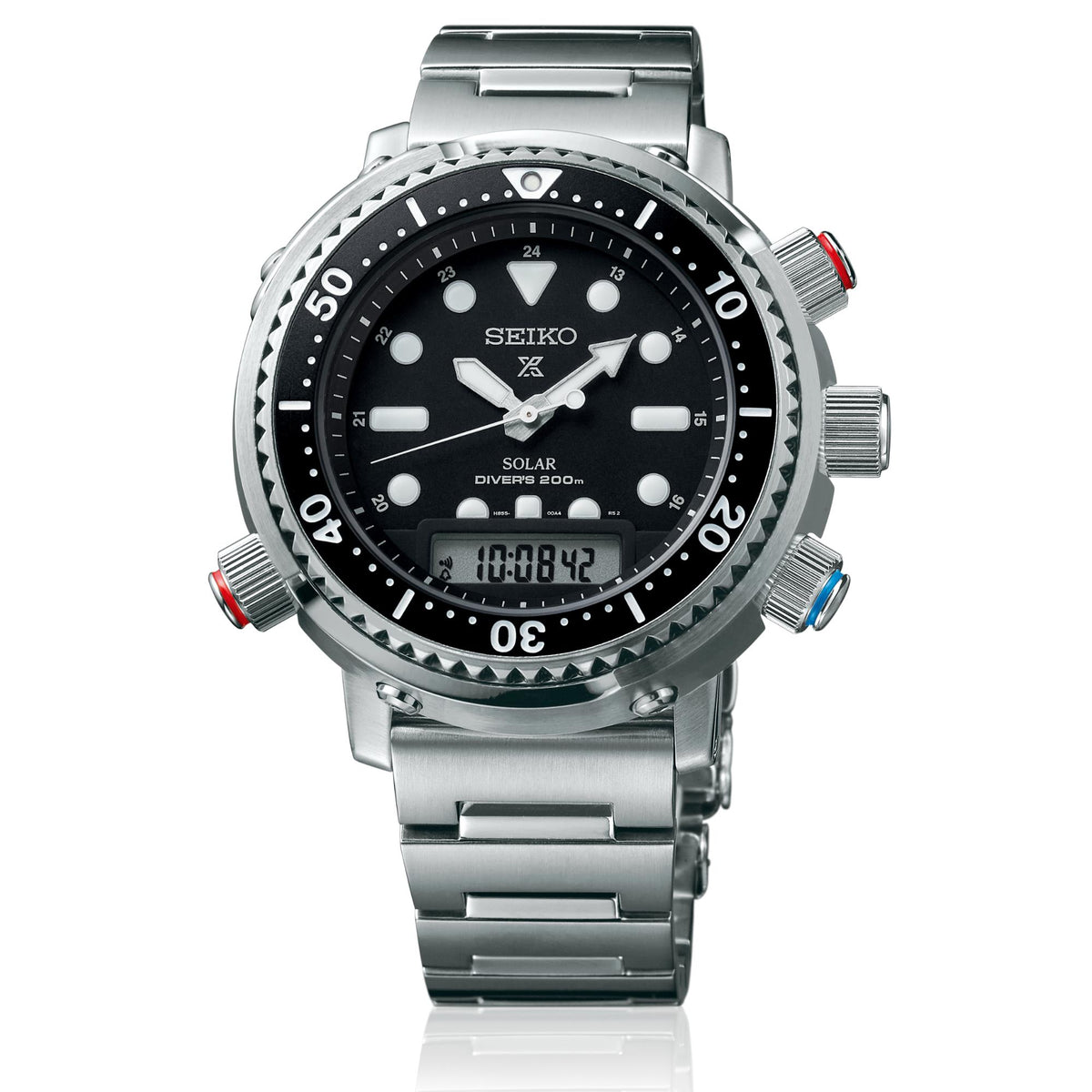 Stainless steel divers watch with black dial, bezel details, and metal bracelet