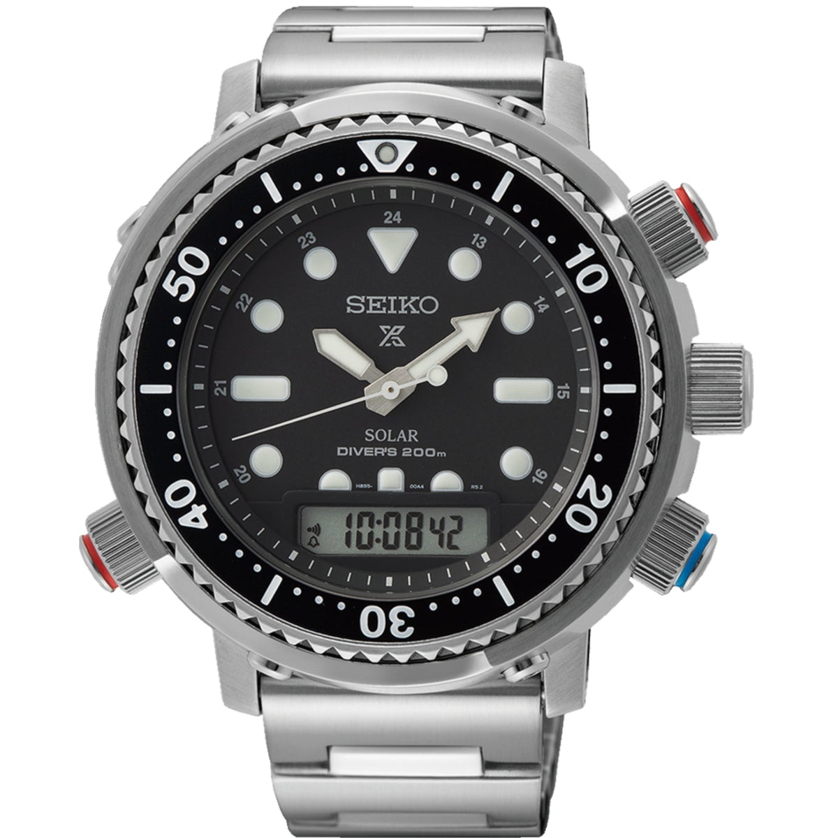 Stainless steel divers watch with black dial, round case, and linked metal bracelet