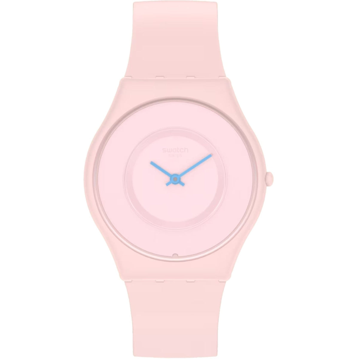 Pink silicone strap watch with silver case rim, pink dial, and blue hands