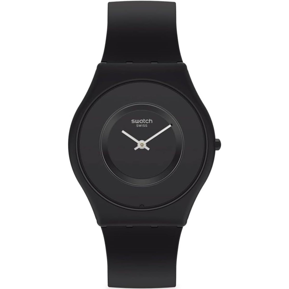 Ladies black quartz wristwatch with round black dial and black silicone band, crown at side