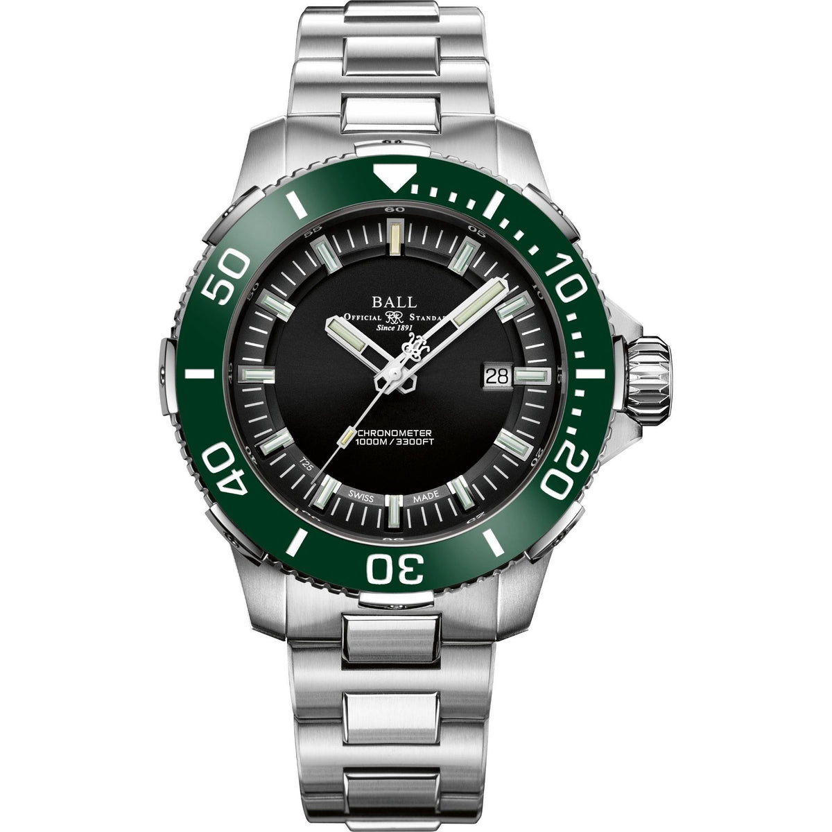 Men's stainless steel dive watch with green bezel, black dial, date window
