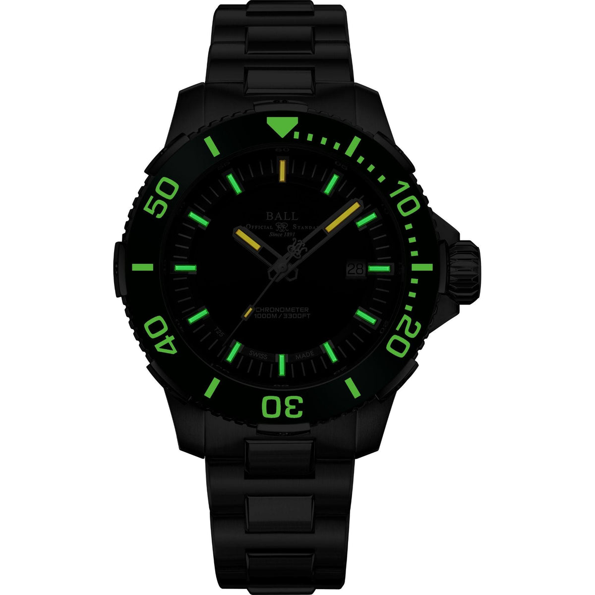 Black dive watch with green bezel markings, black dial, luminous hands and date