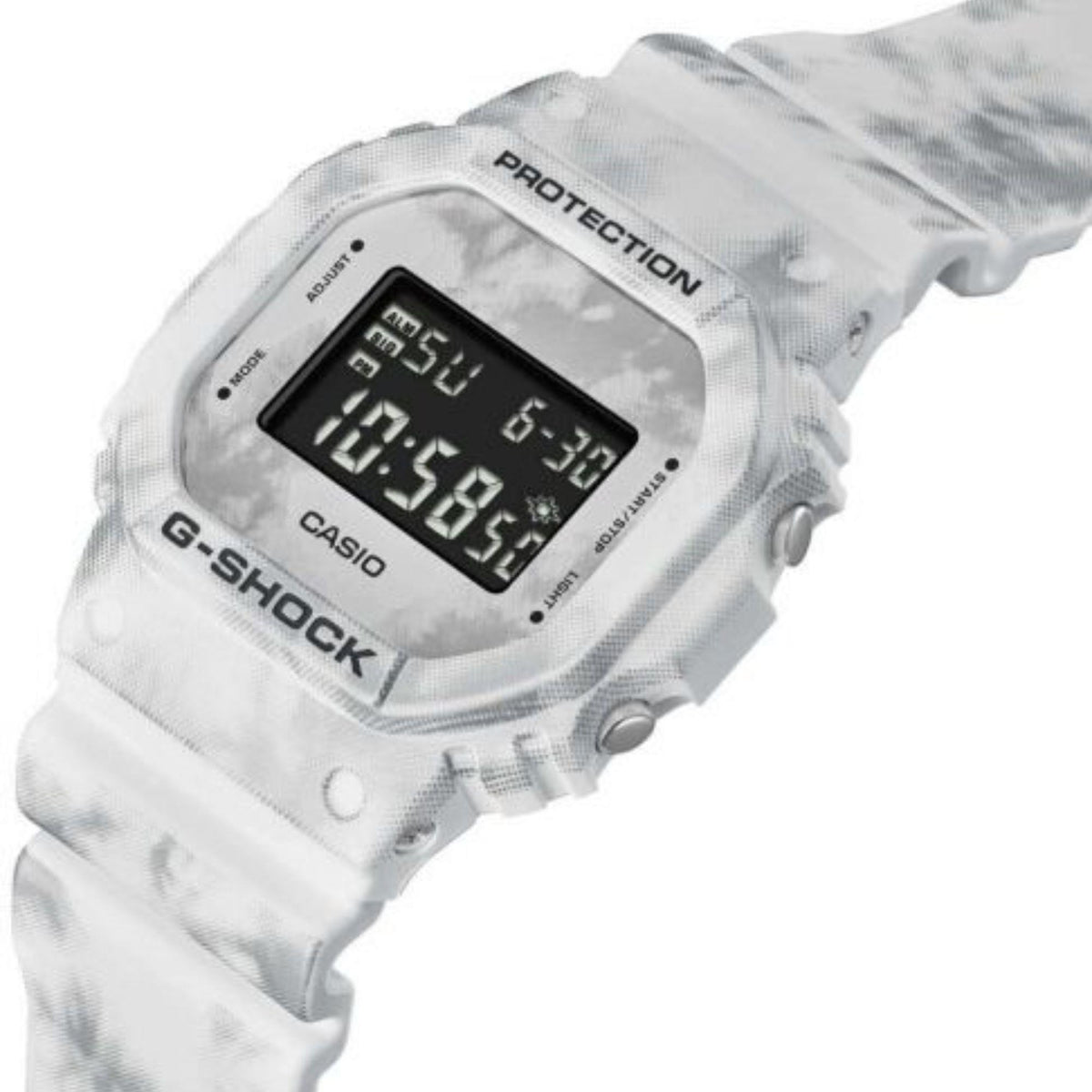 Snow camouflage resin G-Shock digital watch angled close-up with black LCD display