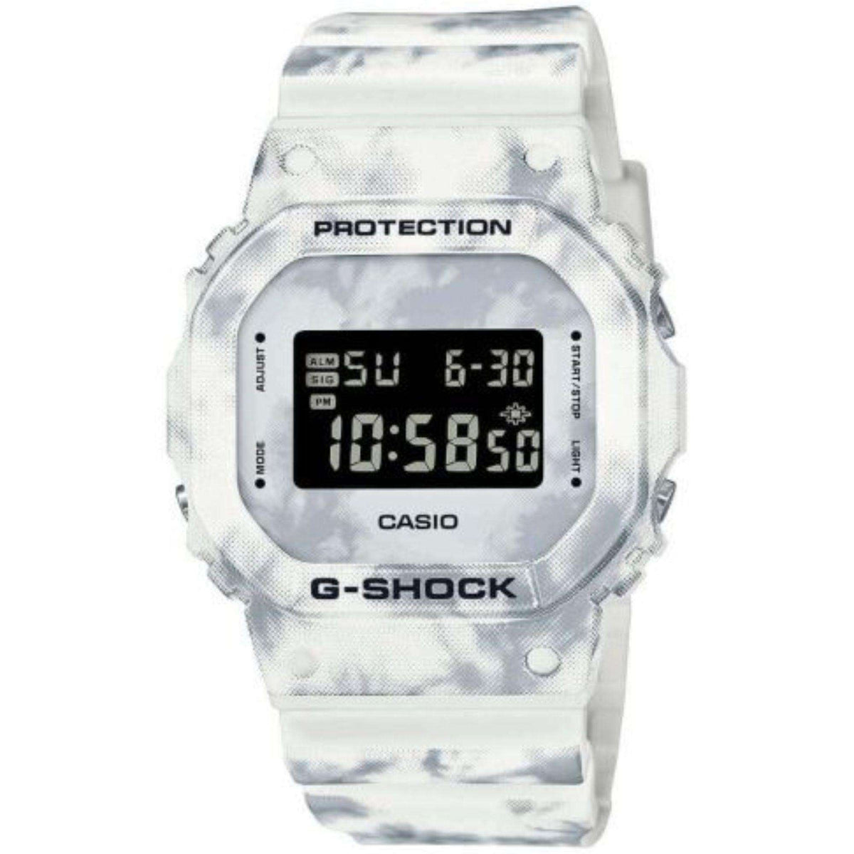 Snow camouflage resin digital watch front view with 'PROTECTION' and black LCD