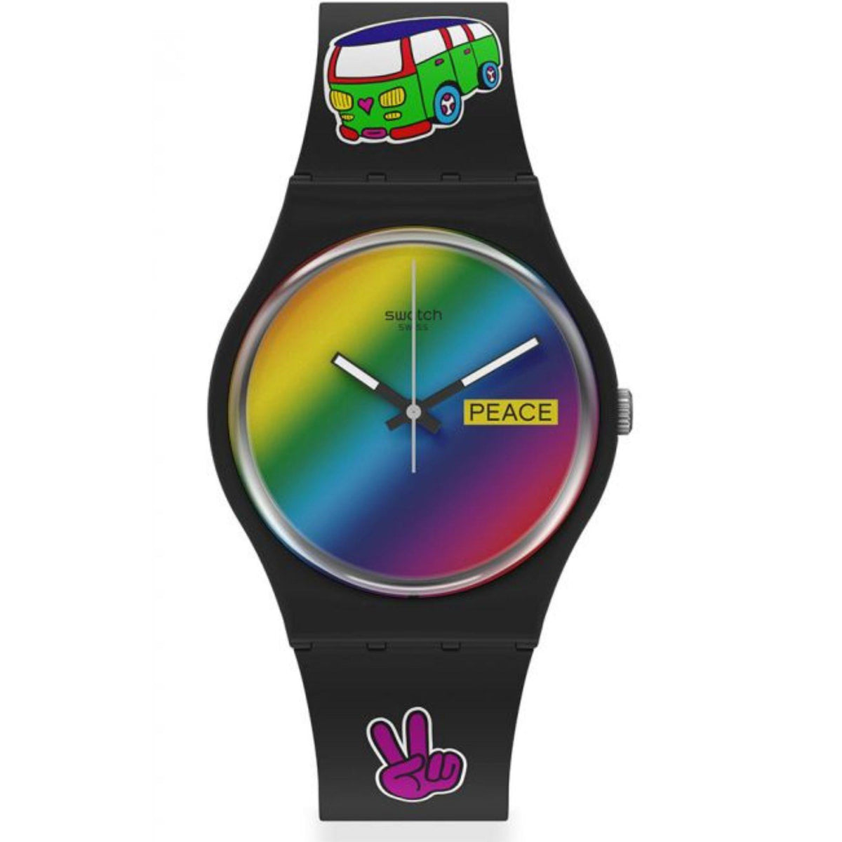 Black silicone quartz watch with rainbow dial and Peace label, side view
