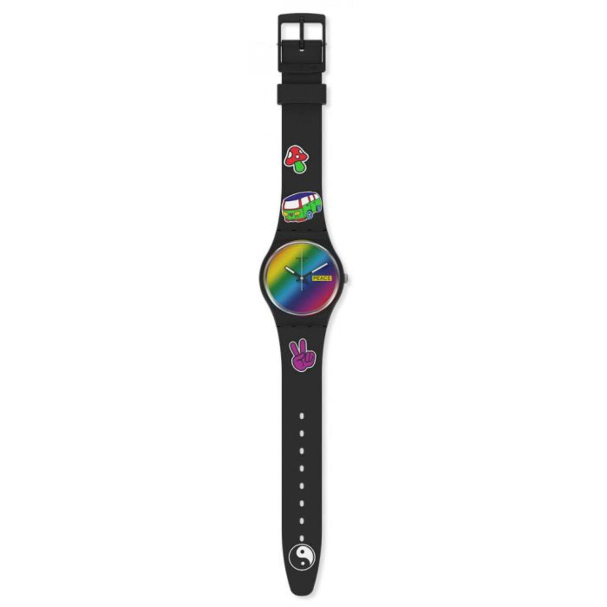 Black silicone watch strap with multicolored round dial and small colorful graphics