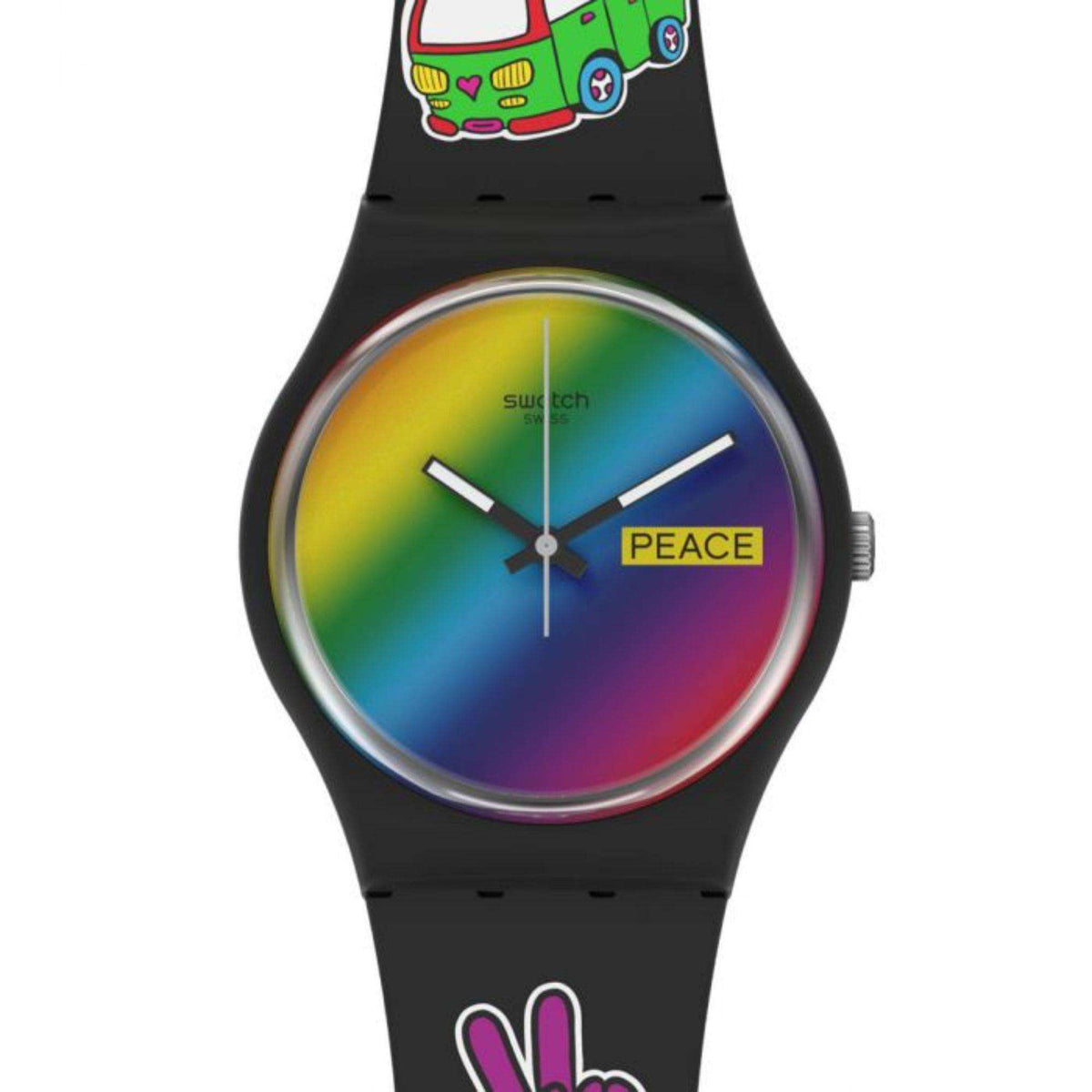 Black silicone quartz watch front view, rainbow dial with Peace label