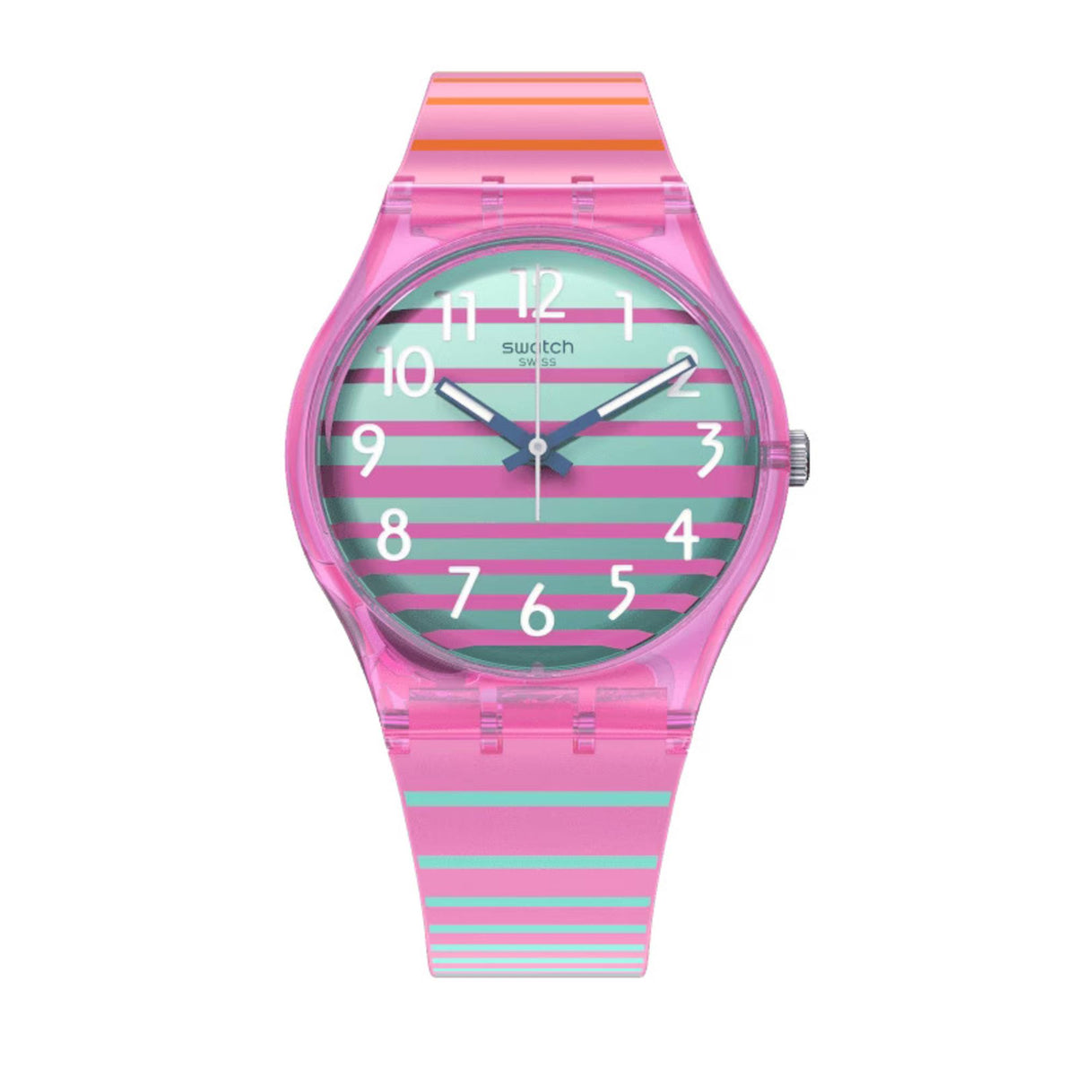 Unisex quartz watch with pink silicone strap, transparent pink case, and multicolor striped dial