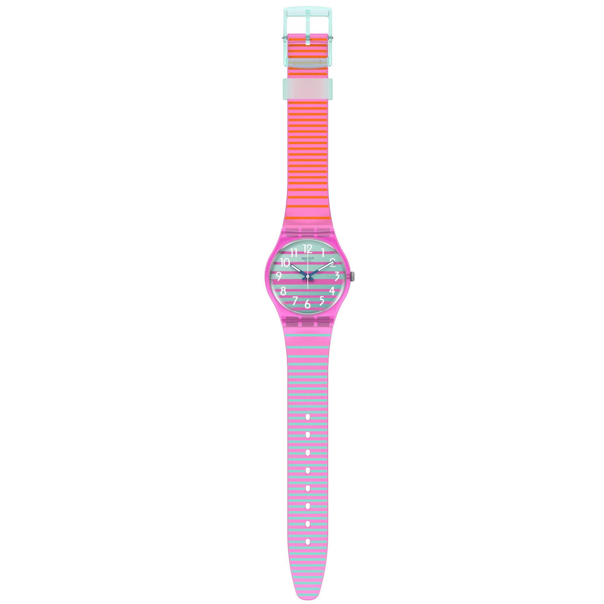 Unisex quartz watch with long pink silicone strap and multicolor striped dial
