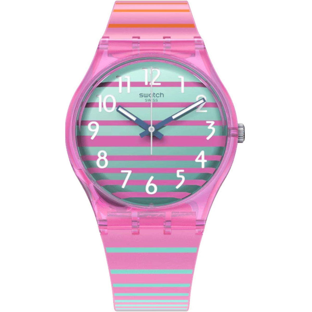 Front view of quartz watch with multicolor striped dial, silver bezel, and blue hands