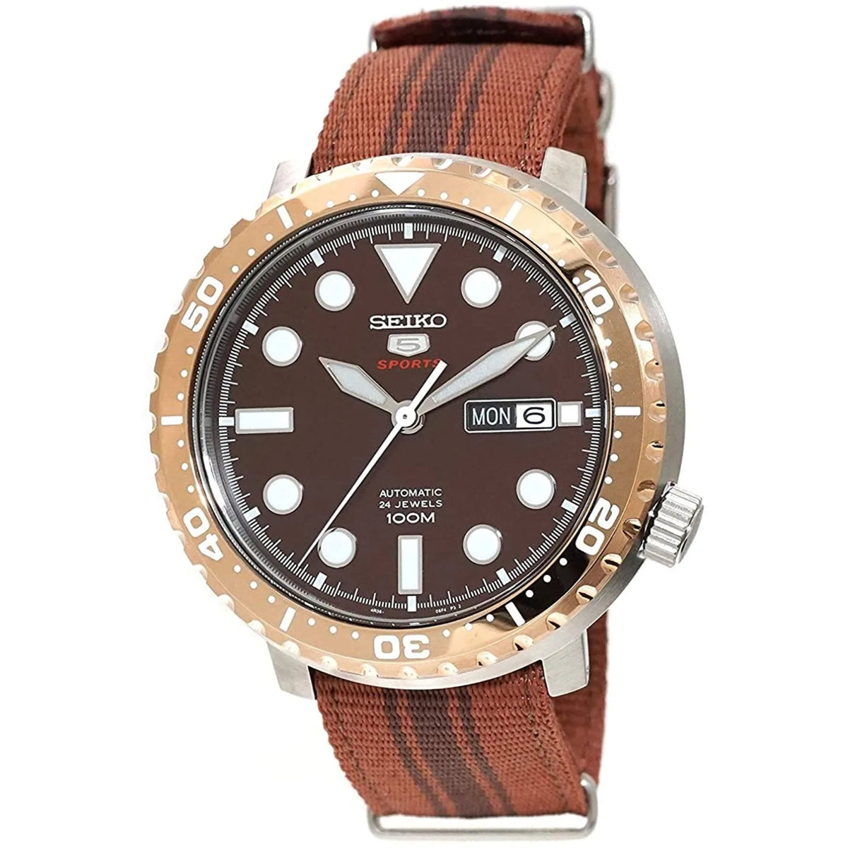 Men's Seiko 5 Sports automatic watch, brown dial, brown nylon strap, rose-tone bezel