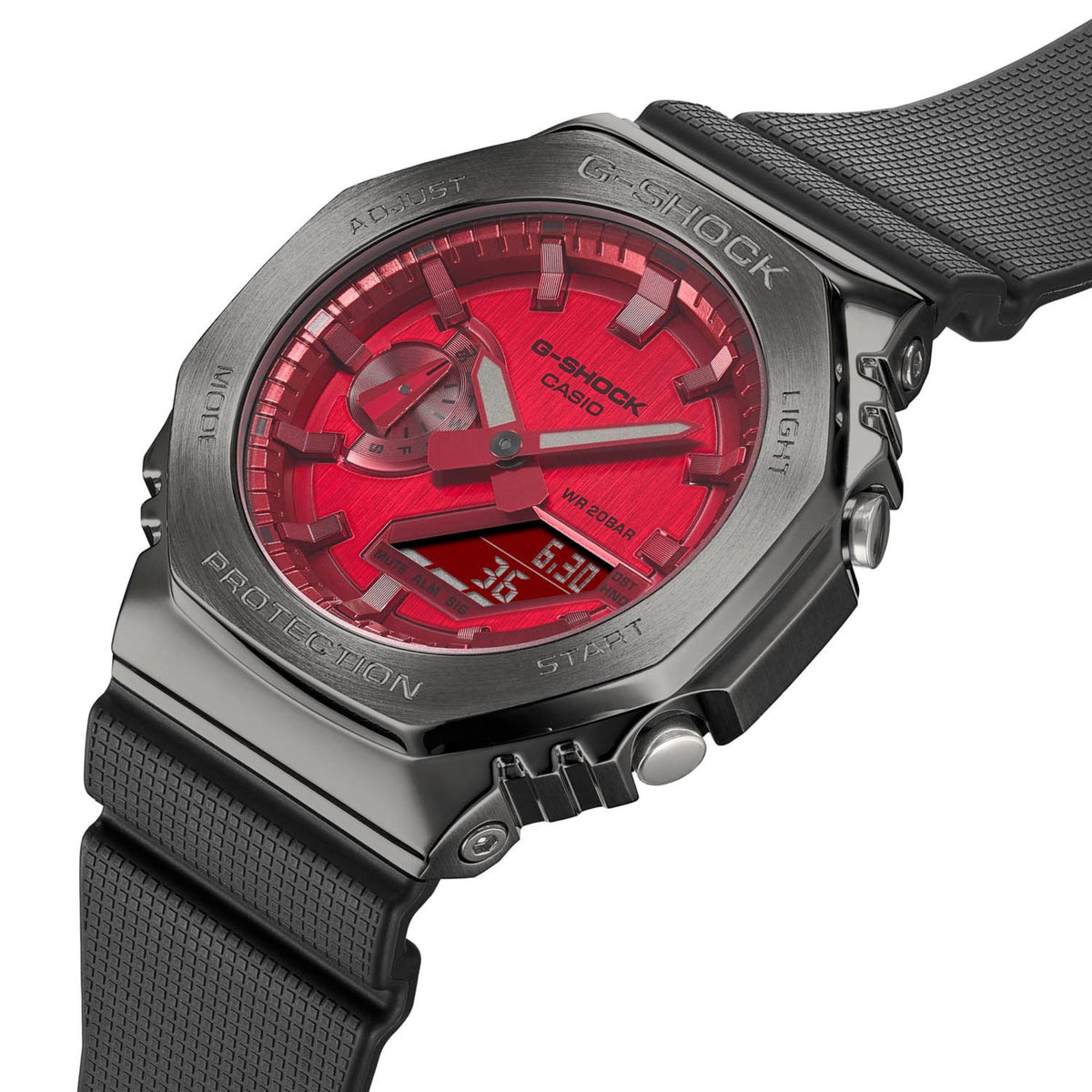 Casio G-Shock chronograph watch with red dial and black bezel, angled side view