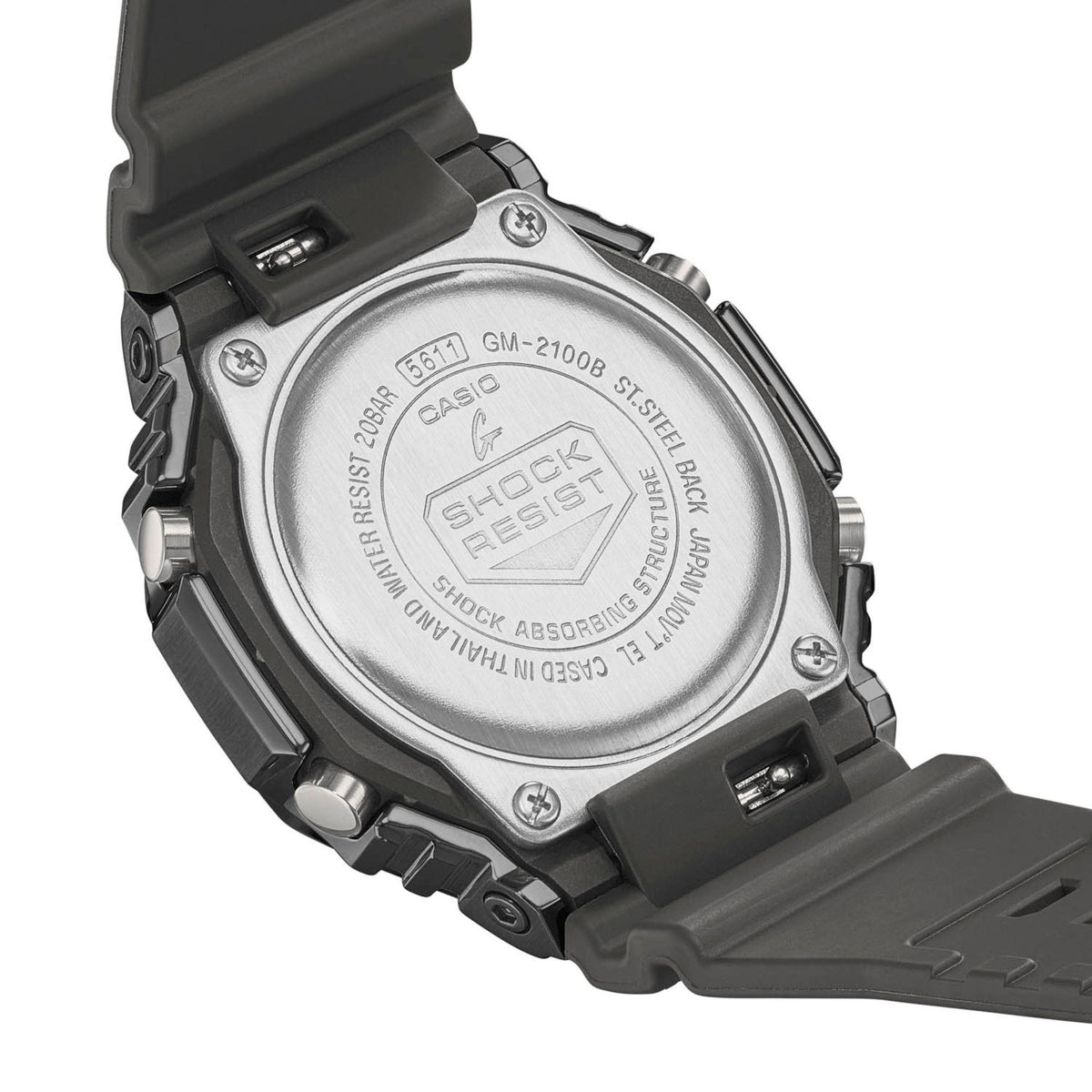 Casio G-Shock chronograph watch with engraved stainless case back and black clasp