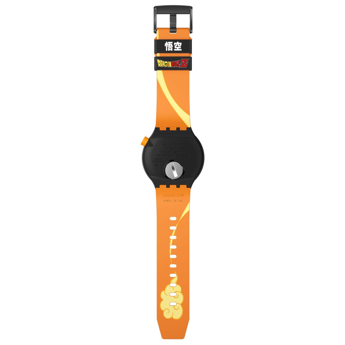 Orange and black watch with character design on a white background