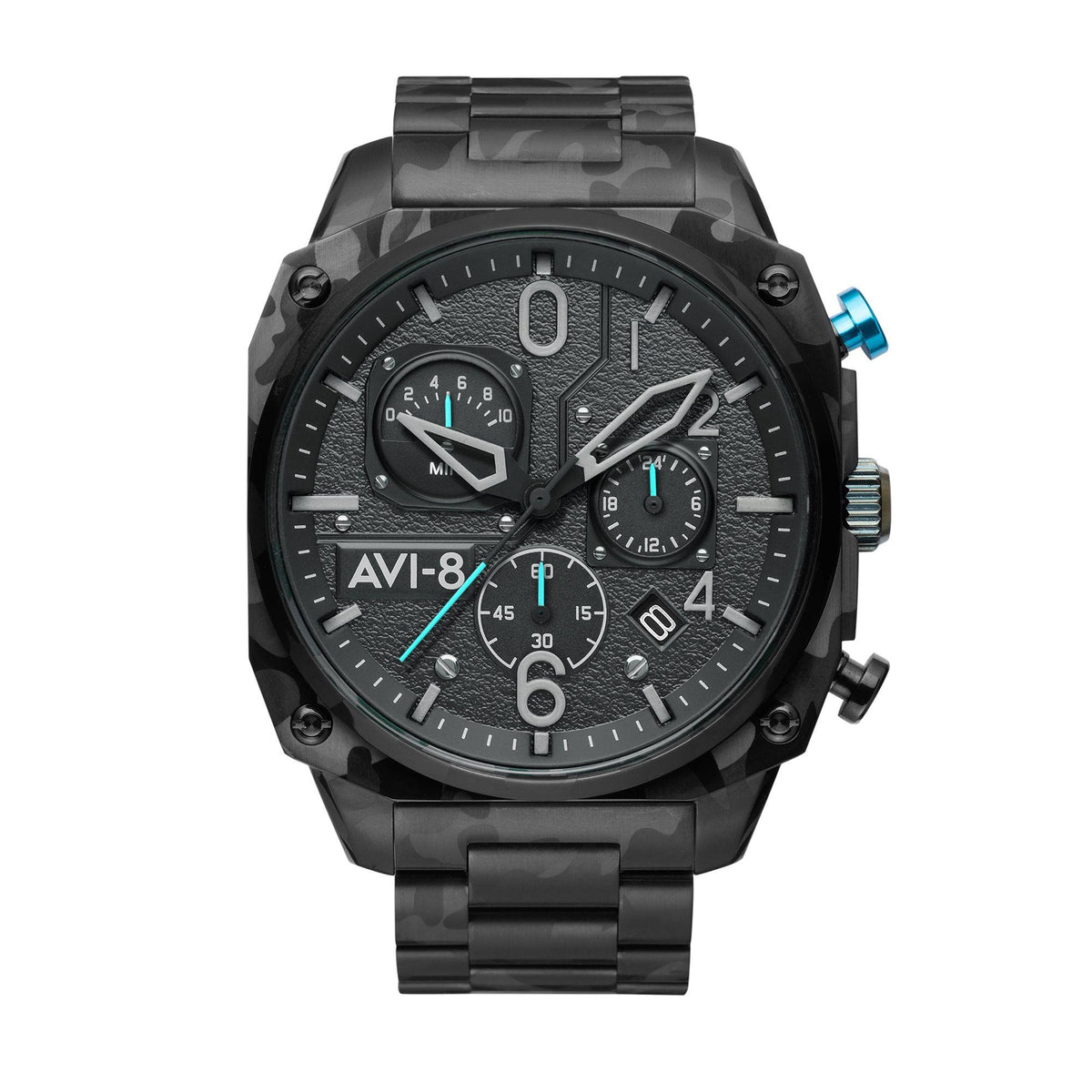 Men's dark camo chronograph wristwatch, round black case with multi-dial display