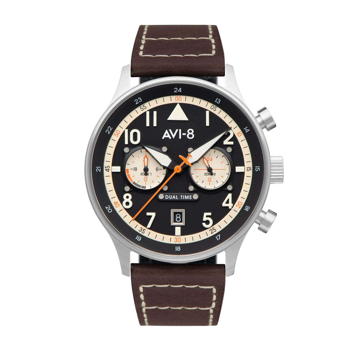 Men's dual time wristwatch with black bezel, silver case, orange accents, and brown strap
