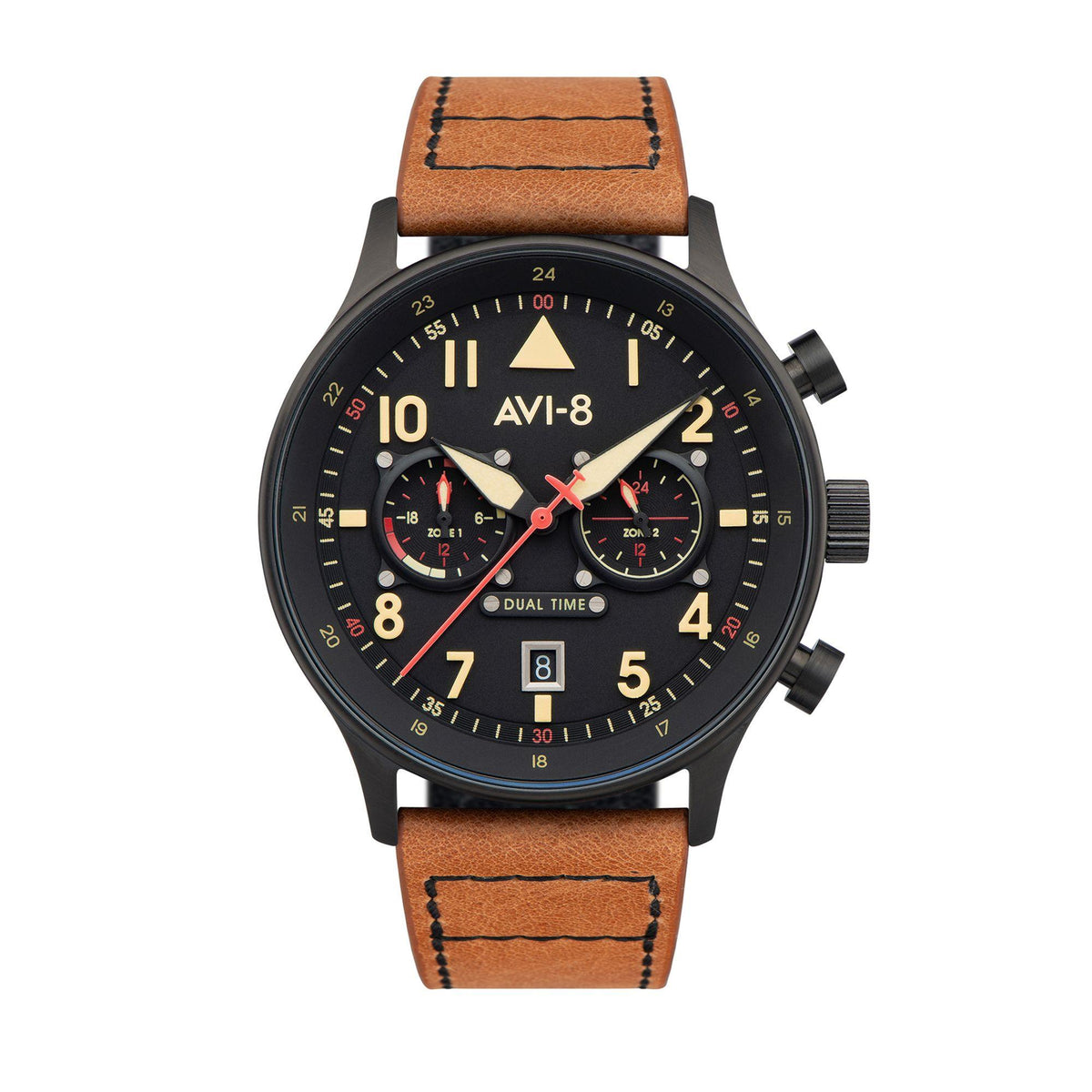 Men's dual-time wristwatch with black AV-8 dial, three subdials, brown leather strap