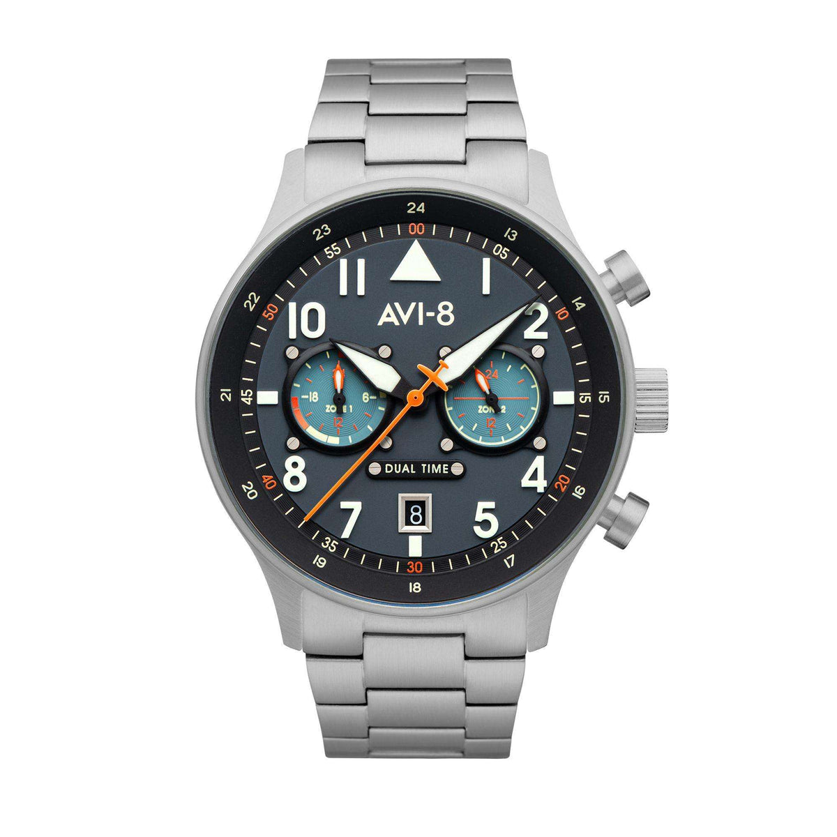 AVI-8 men's dual-time wristwatch, black dial, orange hands, two subdials, date window, steel strap